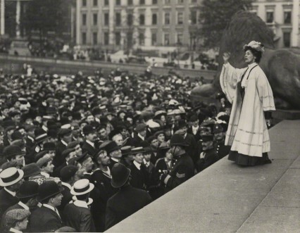 Emmeline Pankhurst addressing a Suffragette rally at Trafalgar Square.