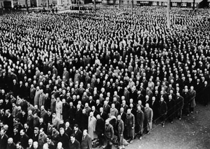 Jews arrested during Kristallnacht line up for roll call at the Buchenwald concentration camp. November 1938