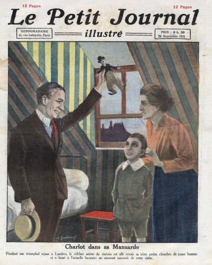 Le Petit Journal dated 25th September 1921. Chaplin is seen visiting the Lambeth room, where he once lived and which had inspired his film 'The Kid'.