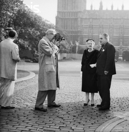 Sir Robert Boothby filming outside Parliament in 1954