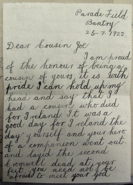 A letter sent to O'Sullivan while waiting for his execution