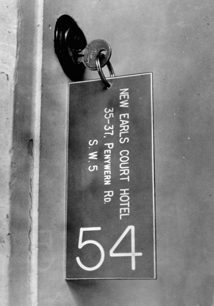 The very door key for room fifty-four used by Ray at the New Earls Court Hotel 