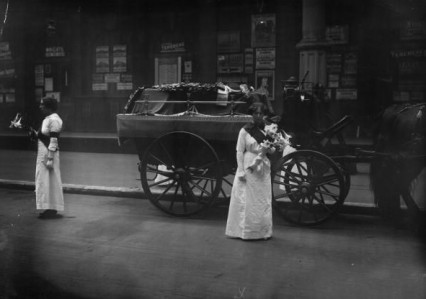 Mrs Yates and Mary Lee guarding Emily Davison's coffin