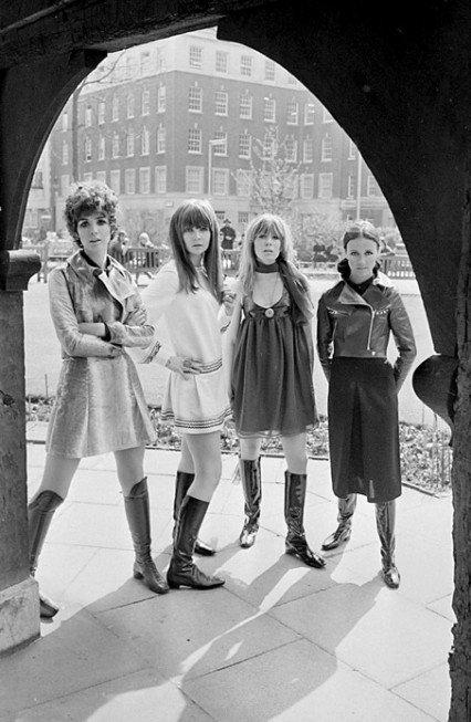 Linda Keith, Chrissie Shrimpton, Suki Poitier and Annie Sabroux displaying the Ossie Clark and Alice Pollock winter collection April 1967